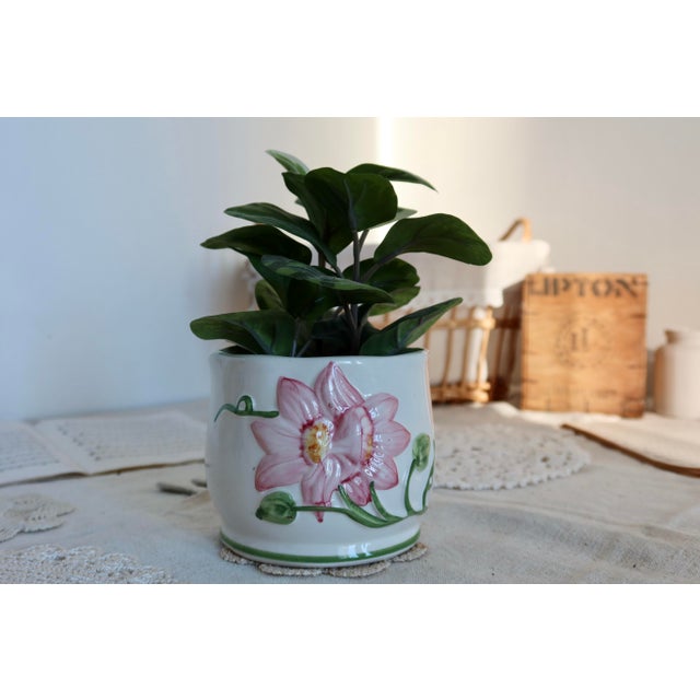 Small Vintage Earthenware Planter with Pink Flower Pattern For Sale - Image 4 of 9