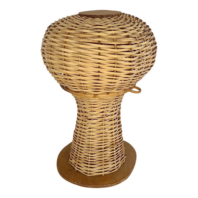 Antique Victorian Style Wicker Mannequin Head, Hat Stand, Store Display Form Woven in Natural With Wood Base and Top For Sale
