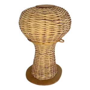 Antique Victorian Style Wicker Mannequin Head, Hat Stand, Store Display Form Woven in Natural With Wood Base and Top