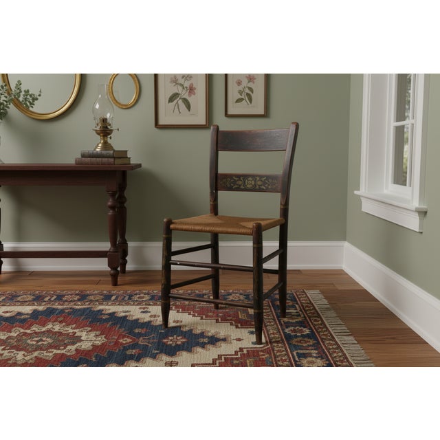 Brown Antique Early 19th Century Hitchcock Style Stenciled Side Chair With Woven Rush Seat For Sale - Image 8 of 8
