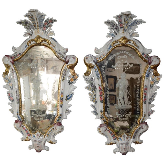 Pair of Antonibon Ceramic Hand Painted Mirrors With Etched Glass For Sale - Image 11 of 11