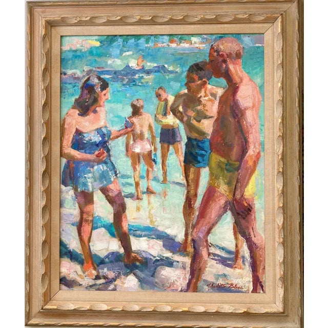 Textile 1950s "On The Beach" Figurative Oil Painting by Charlotte Brass, Framed For Sale - Image 7 of 7