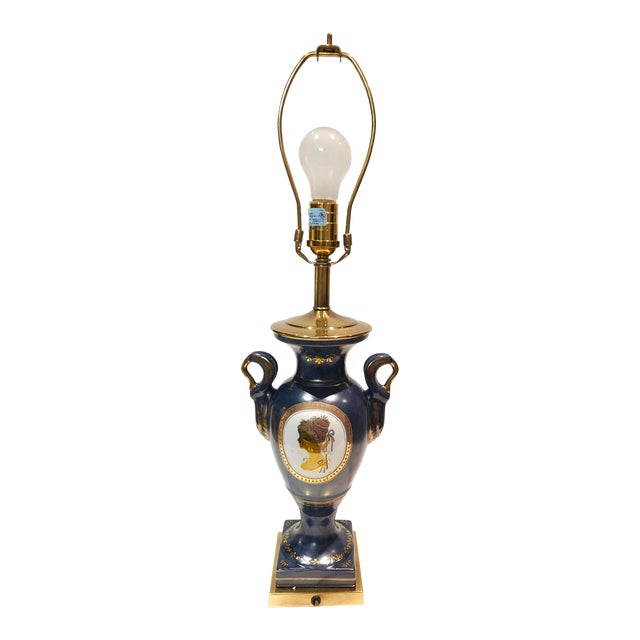 Ethan Allan: Vintage French Sèvres Style Bronze-Mounted Cobalt Blue Hand Painted Porcelain Gold Gilded Table Lamp For Sale