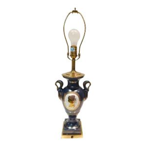 Ethan Allan: Vintage French Sèvres Style Bronze-Mounted Cobalt Blue Hand Painted Porcelain Gold Gilded Table Lamp