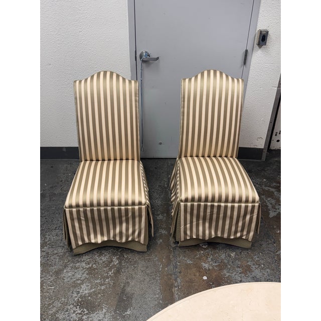Traditional Ethan Allen Striped Upholstered Skirted Dining Chairs, Pair For Sale - Image 3 of 12