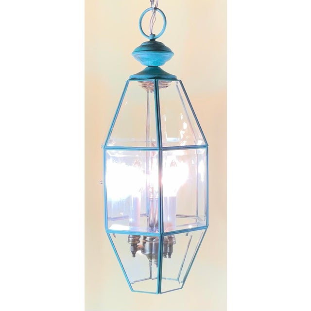 Vintage Hexagonal Solid Brass Hanging Lantern / Foyer Pendant Light 24”h X 10” W For Sale - Image 4 of 18