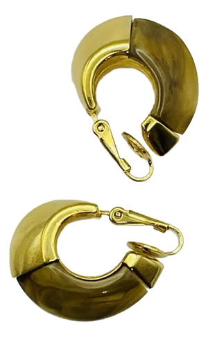 Circa 1960s Crown Trifari Gold Tone Swirled Lucite Clip on Hoop Earrings - 2 Pieces