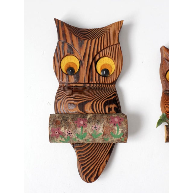 Brown Mid-Century Carved Wood Owl Wall Hangings Set For Sale - Image 8 of 9