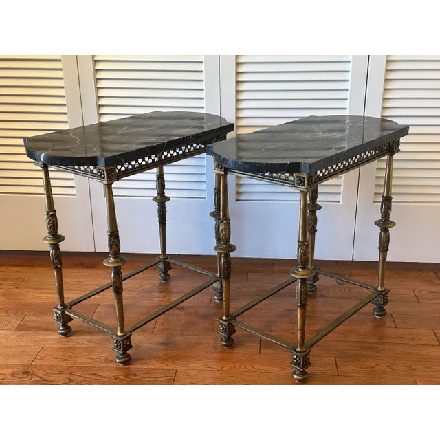 Vintage Italian Portoro Marble Top SideTables With Ornate Gilded Metal Bases - Pair For Sale - Image 9 of 15