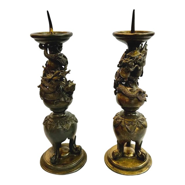 Pair of Late 19th Century Bronze Chinese Pricket Candle Holders Featuring the Imperial Dragon Chasing the Flaming Pearl of Immortality For Sale
