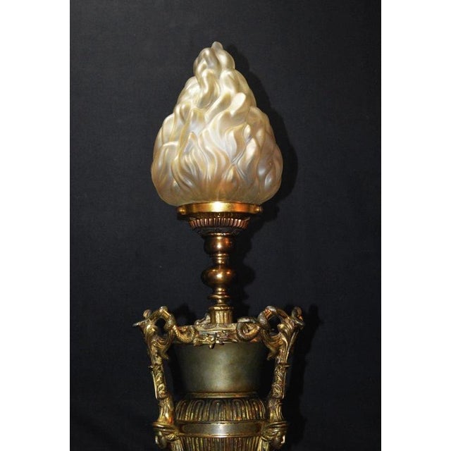 Gothic Revival Bronze Three-Handled Urn Table Lamp with Vianne Flame Shade For Sale - Image 6 of 18