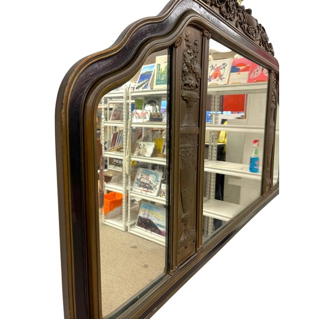 Antique Carved Wood Overmantel Mirror With Floral Urn Motifs and Scrolled Crest. For Sale - Image 4 of 11