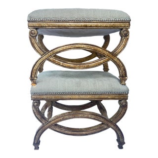 Uttermost Karline Hand Carved White Mahogany and Linen Small Benches, a Pair For Sale