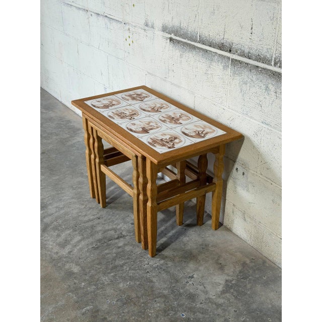Mid-Century Modern Oak Ceramic Tile-Top Nesting Tables Set of 3 Brown Scenic Windmill Motif Vintage For Sale - Image 3 of 11