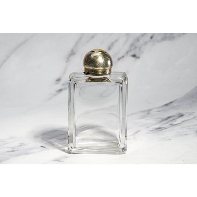 Unusual English Crystal Antique Scent Perfume Cologne Bottle Sterling Silver Engine Turned Lid Victorian Luxury Home Decor For Sale - Image 9 of 11