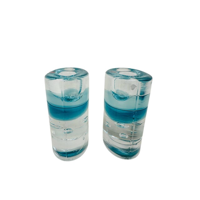 Minimalism Vintage Iittala Arktia Glass Candle Holders Pair - Designed by Timo Sarpaneva - Finland 1980s Art Glass - Blue Core & Bubbles With Original Label For Sale - Image 3 of 10