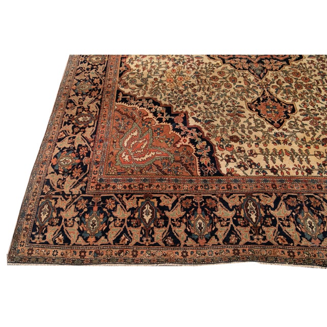 Antique Beige Sarouk Farahan Persian Handmade Wool Rug For Sale - Image 9 of 13