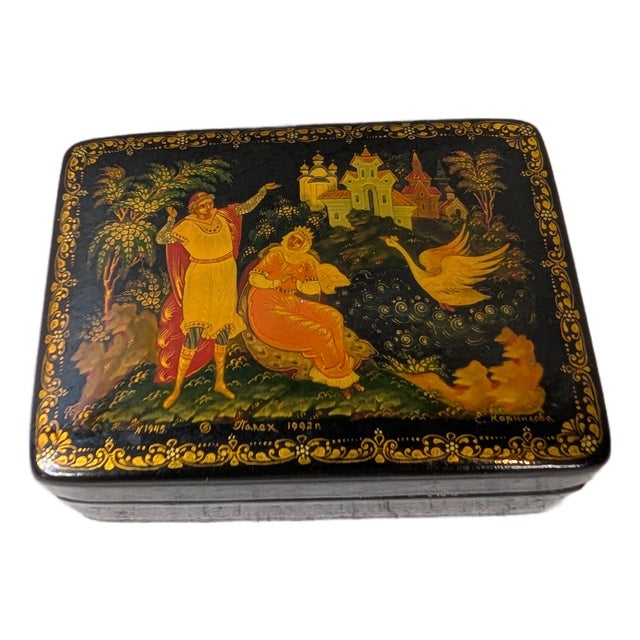 Palekh Russian Lacquer Box “Gvidon” – Signed Kornilova, 1992, With Certificate For Sale