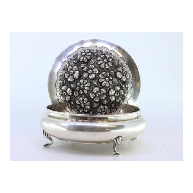 Round Silver Candy Box with Floral Reliefs For Sale - Image 3 of 7