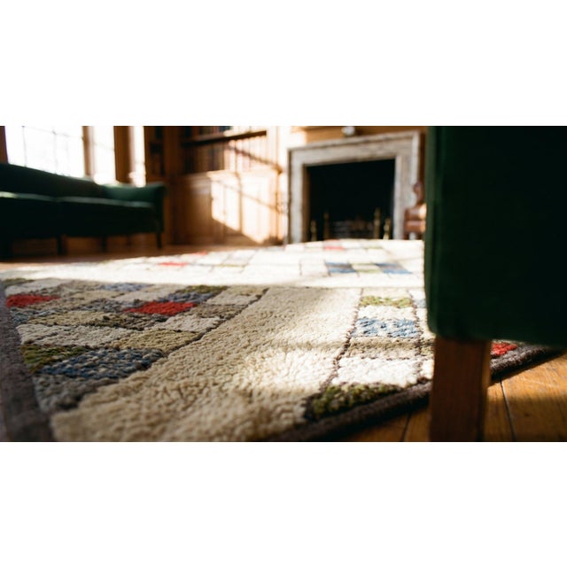 Fantastic Tan Beige Color and Interesting Rhombus Shapes Patters Antique American Hooked Rug, For Sale - Image 11 of 11