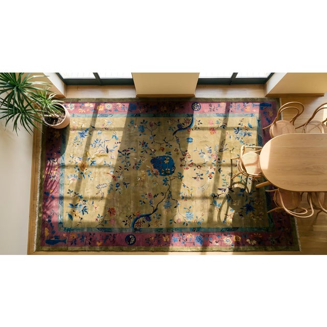 Outstanding Tan Tupe and Purple Color With Flower Design Antique Chinese Art Deco Rug For Sale - Image 13 of 14