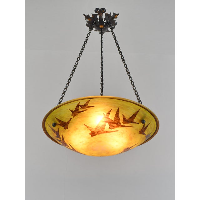 Charles Schneider Large French Art Deco Pendant Light by Le Verre Francais Schneider - 1925 Cameo Chandelier France For Sale - Image 4 of 13