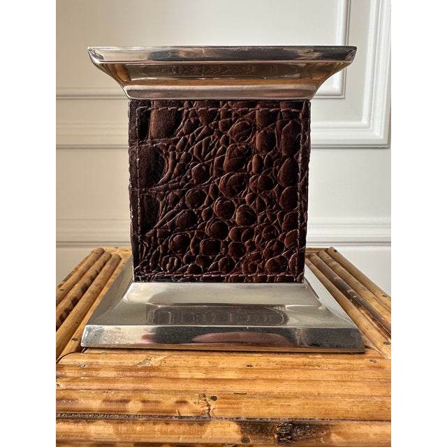 Ralph Lauren Vintage Leather and Silverplate Ralph Lauren Style Pillar Candleholder For Sale - Image 4 of 18