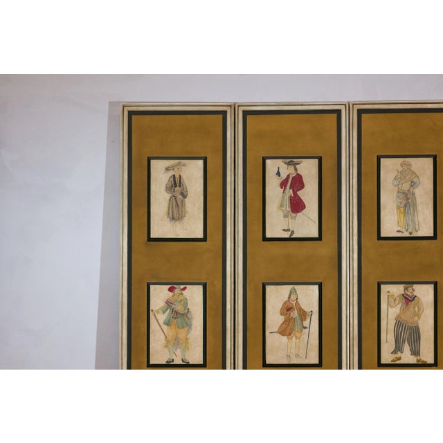 Wood Four-Panel Screen with Painted Theatrical Costume Figures on Raised Panels For Sale - Image 7 of 12