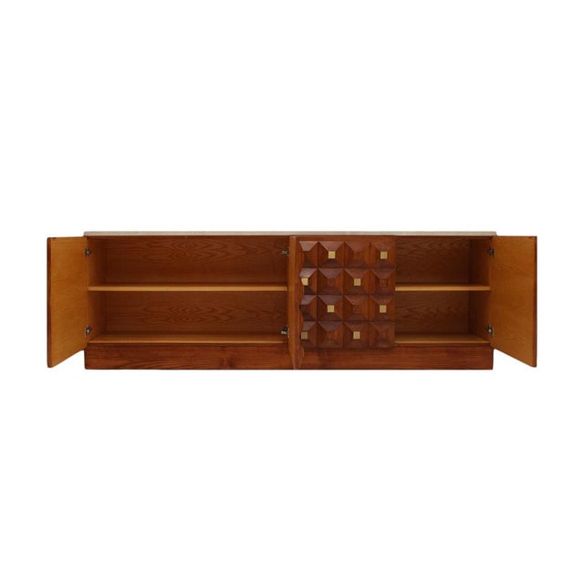 Square Pattern Oak and Brass Sideboard with Travertine Top, Italy, 2000 For Sale - Image 6 of 11