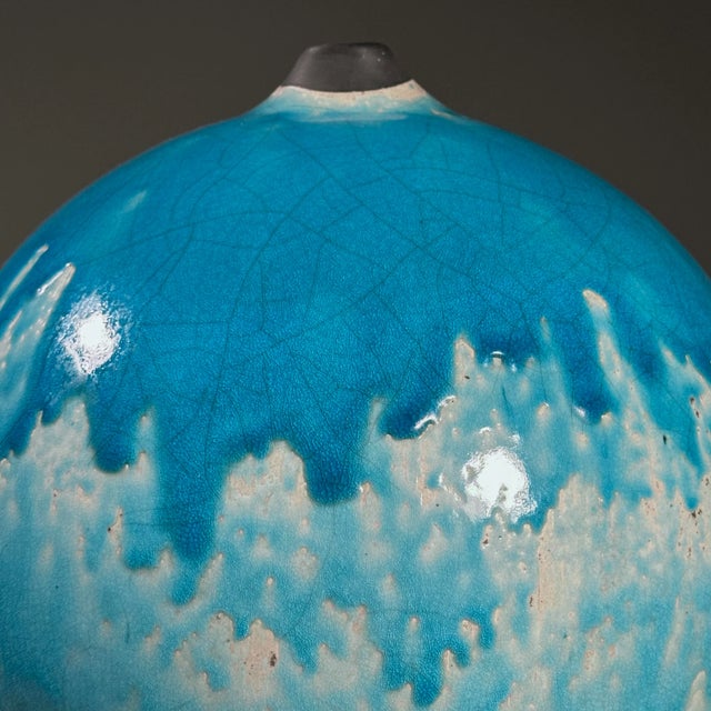 Contemporary Vintage Raku Fired Postmodern Black Stoneware Seed Pot With Three Tone Blue Crackle Drip Glaze For Sale - Image 3 of 10