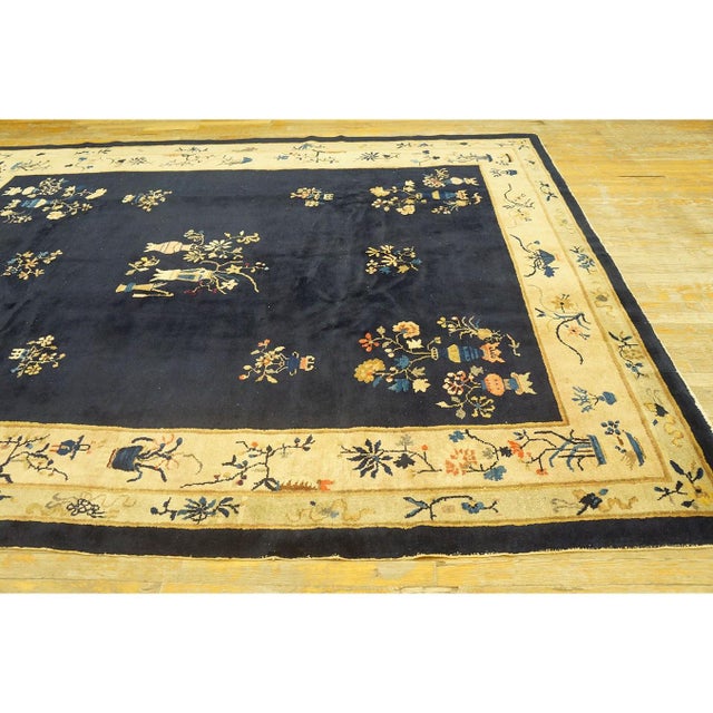 1920s 1920s Navy Blue Vase Deco Modern Antique Chinese Art Handknotted Wool Carpet Rug For Sale - Image 5 of 9