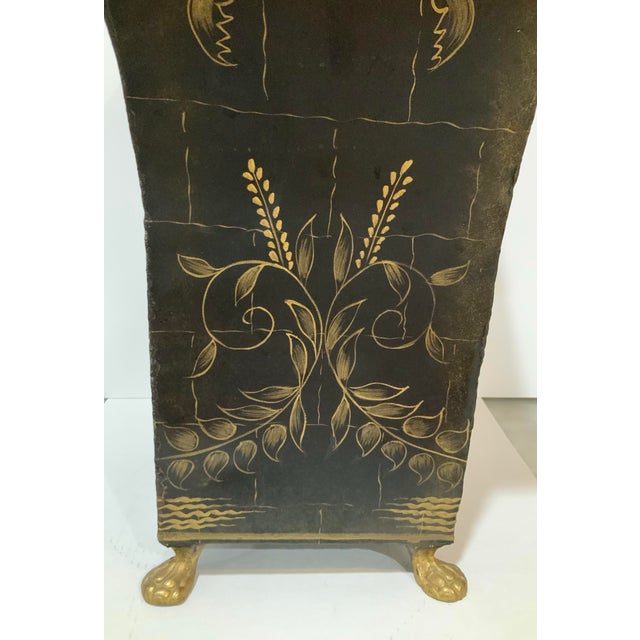 Metal 1980s Hand‑Painted Black & Gold Chinoiserie Metal Cachepot / Wastebasket With Brass Paw Feet - Palm Beach Chic, Grandmillennial & Traditional . For Sale - Image 7 of 9