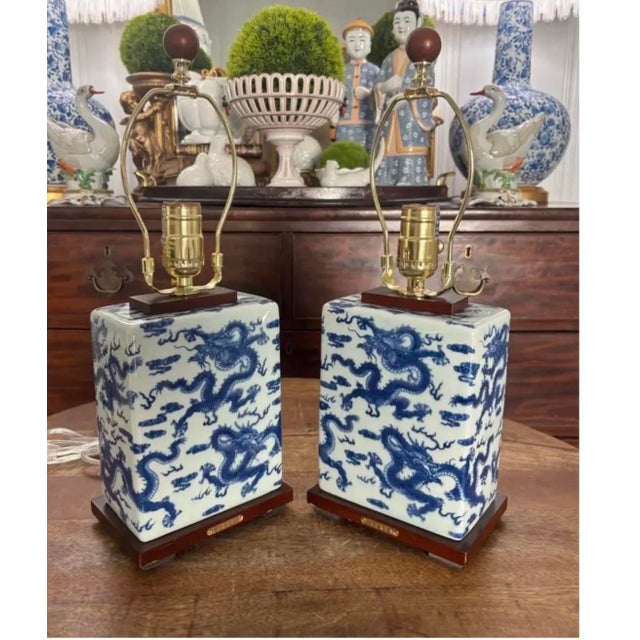 Textile Contemporary Ralph Lauren Blue and White Petite Square Lamps With Dragon Design and Square Fabric Shades - A Pair For Sale - Image 7 of 7