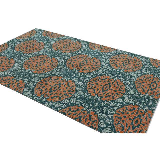 Rug & Kilim Vintage Hereke Rug in Teal With Orange Arabesque Medallions | Rug & Kilim For Sale - Image 4 of 7