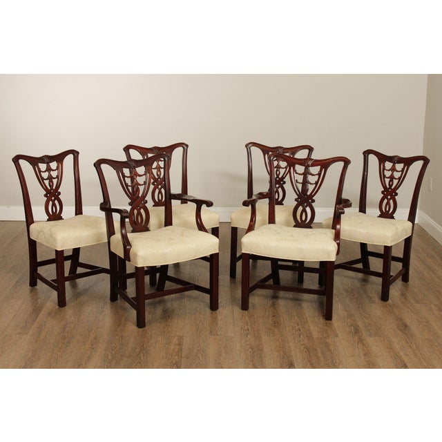 High Quality Vintage Set of Six Custom Upholstered Carved Mahogany Dining Chairs, Including Two Armchairs
