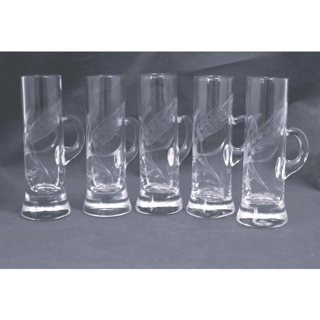 Mid 20th Century Mid Century Hand Blown Crystal Etched Vodka Cordial Glasses With Applied Handles- Set of 5 For Sale - Image 5 of 12