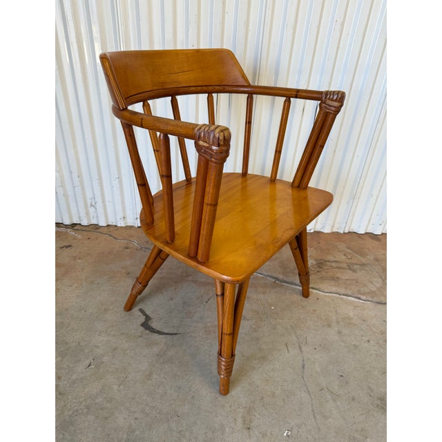 Tan Vintage Heywood Wakefield Ashcraft Line Captains Chairs – Set of 2 With Rattan-Look Design For Sale - Image 8 of 12