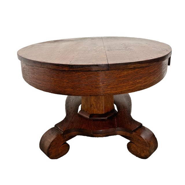 Wood Antique Oval Coffee Table Tiger Oak Center Drawer Shelf Columns Empire Style For Sale - Image 7 of 11