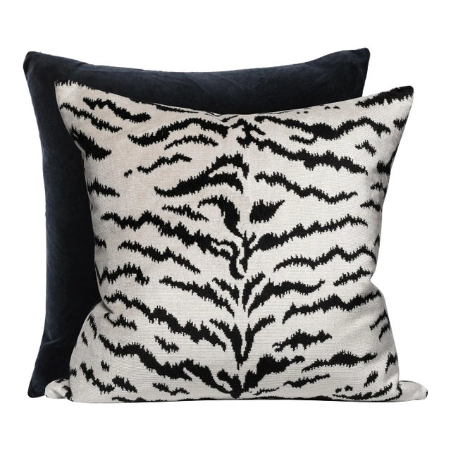 The House of Scalamandré Tigre/Indus Pillow, Off-White & Black For Sale