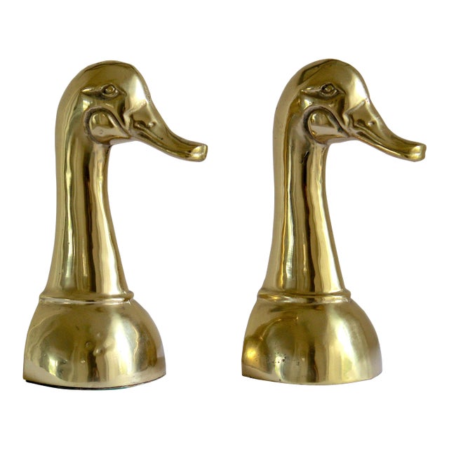 Mid-Century Modern Polished Solid Brass Mallard Duck Head Bookends – A Pair For Sale
