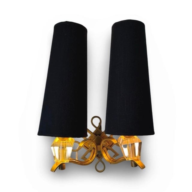 Jules Leleu Pair of 1950s Vintage Jules Leleu French Art Deco Brass Wall Sconces For Sale - Image 4 of 9