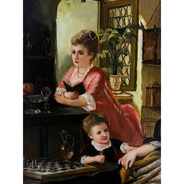 Late 20th Century Biedermiere Style Framed Reproduction Painting of “Game of Chess” by German Artist Carl Herpfer For Sale - Image 9 of 12