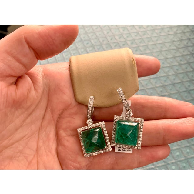 32Carat Natural Zambian Emerald Sugar Loaf Cabochon & Diamond/Drop Earrings 18KG For Sale - Image 17 of 18
