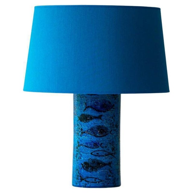 Aqua Ceramic Table Lamp from Bitossi with Blue Silk Lampshade attributed to R. Houben, 1970s For Sale - Image 9 of 9
