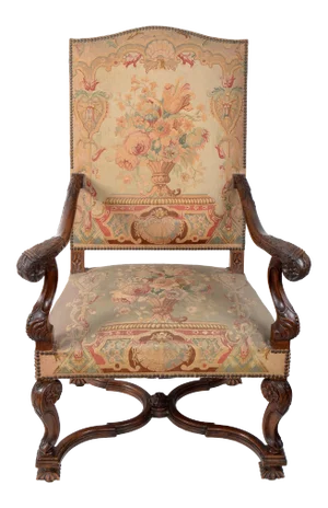 17th Century Hand-Carved Walnut Wood Armchair Needlepoint Upholstery Cross Base