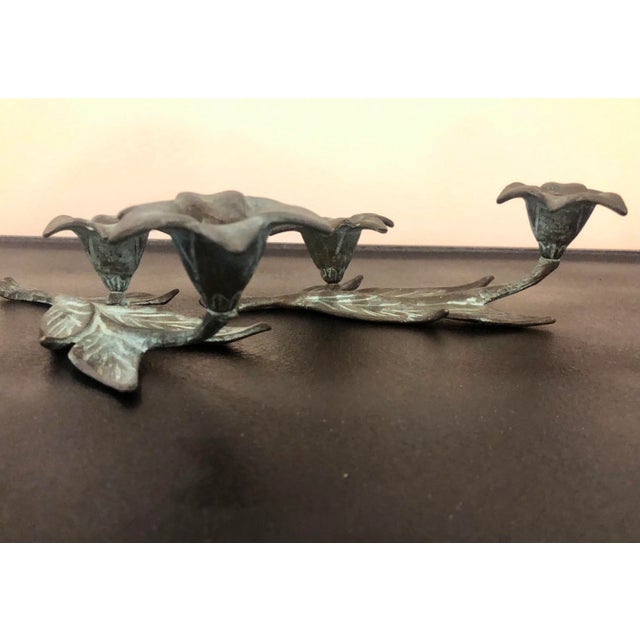 Antique Verdigris Bronze Flower Candle Holders - a Pair For Sale In Tampa - Image 6 of 8
