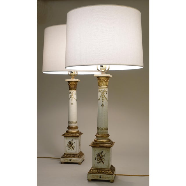 Grand Tour 1930s Neoclassical Hand Painted Tole "Grand Tour" Tuscan Style Column Terra Cotta Pottery Wood Table Lamps - a Pair For Sale - Image 3 of 13