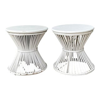 Vintage White Stick Rattan Hourglass Tables - A Pair For Sale