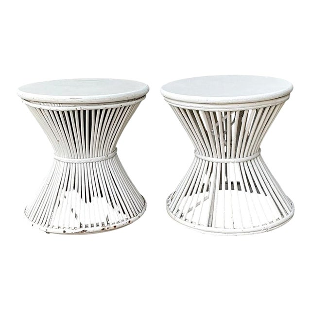 Vintage White Stick Rattan Hourglass Tables - A Pair For Sale