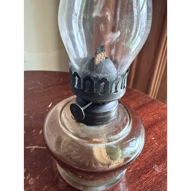 Antique, 19th Century Glass Finger Lamp Chamber Lamp Brass Hornet Burner Clear Glass For Sale - Image 9 of 14